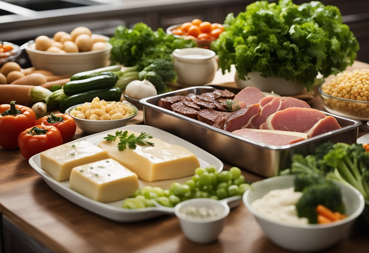 A kitchen counter with various fresh vegetables, meats, and dairy products, along with a personalized meal plan and recipe book