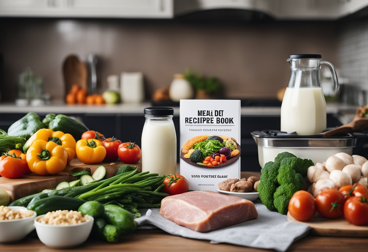 A kitchen counter with various fresh vegetables, meats, and dairy products, alongside a custom meal plan and recipe book for the Keto Diet