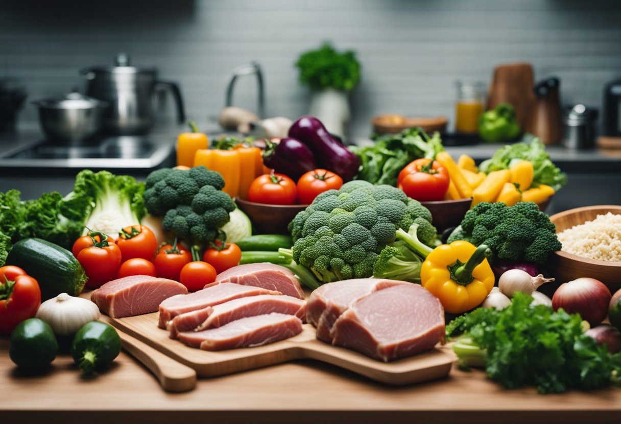 A colorful array of fresh vegetables, lean meats, and healthy fats arranged on a clean, modern kitchen counter