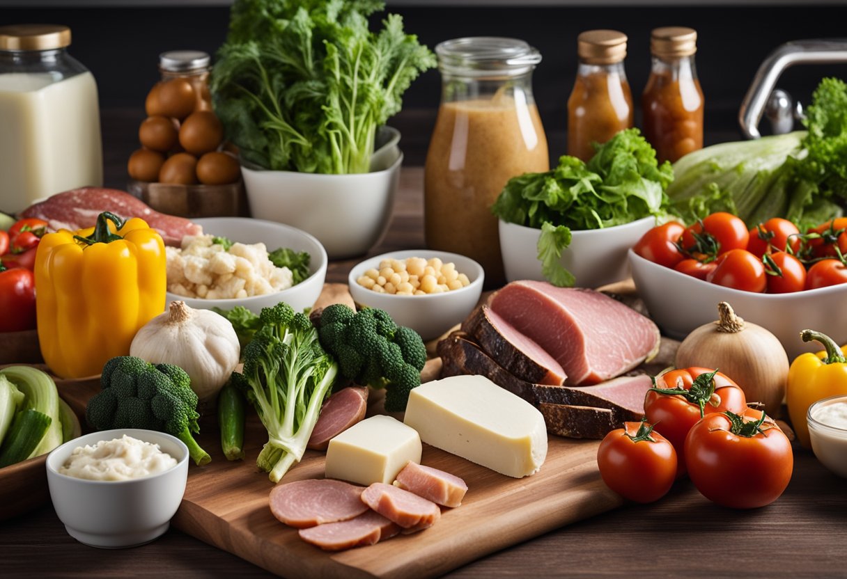 A kitchen counter with a variety of fresh vegetables, meats, and dairy products, alongside a personalized meal plan and recipe book