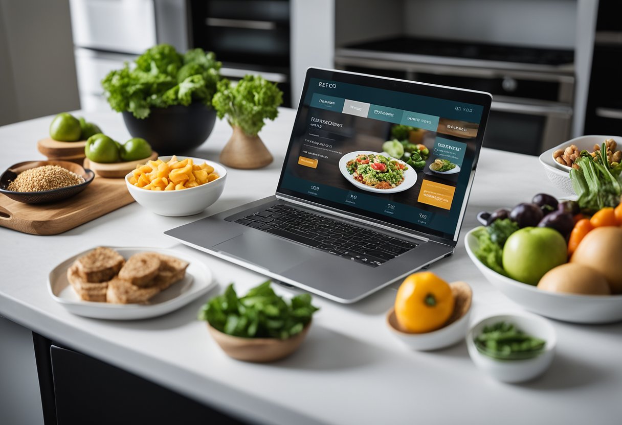 A kitchen counter with various healthy food items and a laptop open to a webpage about what is Custom Keto Diet