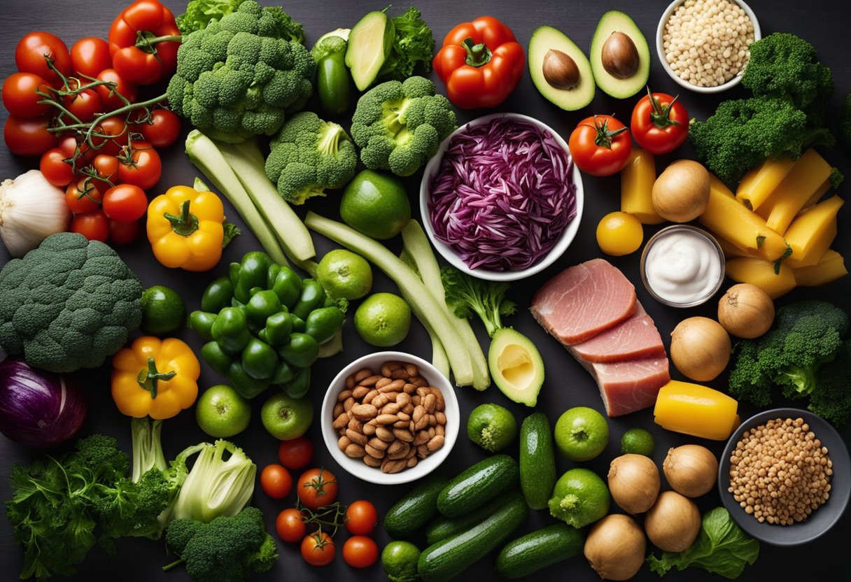 A colorful array of fresh vegetables, lean meats, and healthy fats arranged on a clean, modern kitchen counter