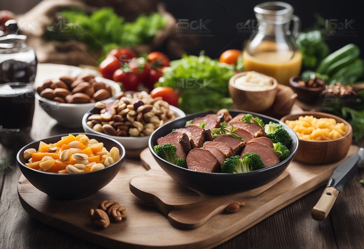 A sample of 7-day keto diet meal plan. A table set with keto-friendly foods, including vegetables, lean meats, and nuts. A journal and pen sit nearby for tracking progress. 