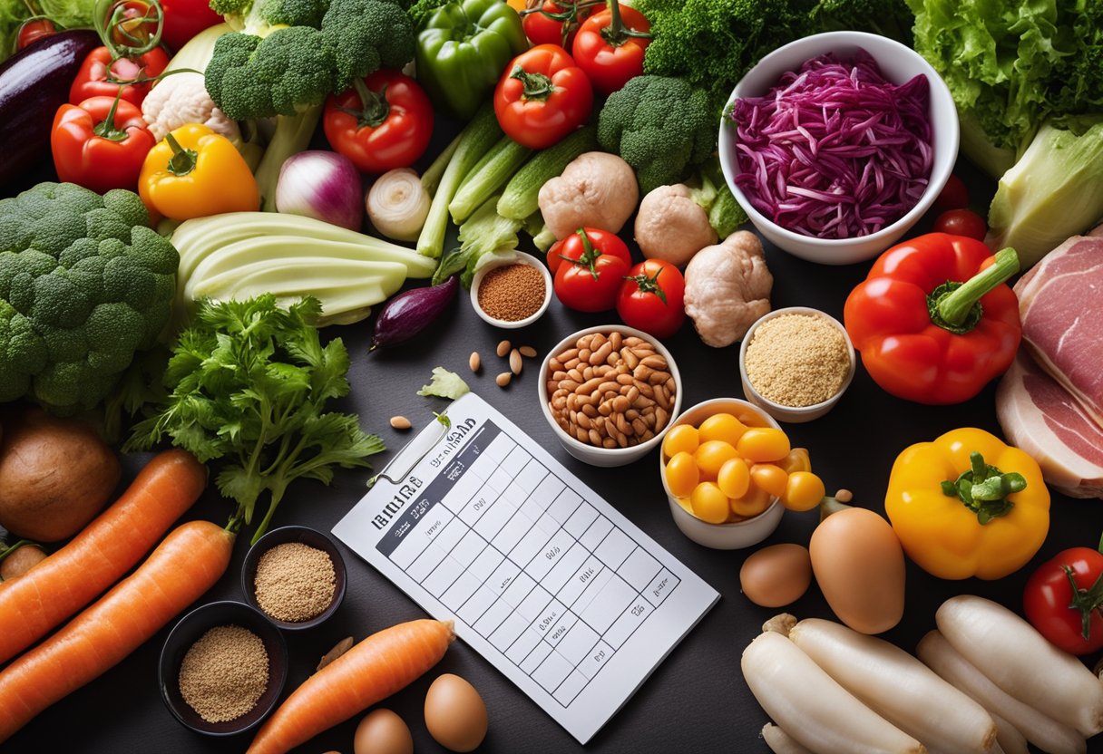 A colorful array of fresh vegetables, lean meats, and healthy fats arranged on a table, with a meal plan chart in the background