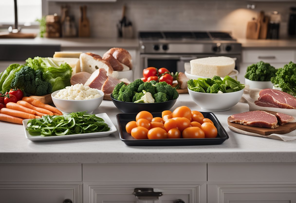 A kitchen counter with various fresh vegetables, meats, and dairy products laid out for meal prep. A notebook with a custom keto meal plan is open on the counter