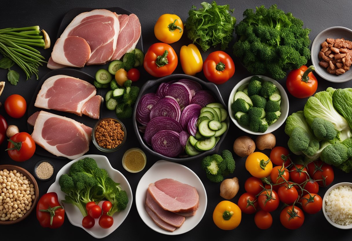 A kitchen counter with various fresh vegetables, lean meats, and healthy fats laid out for meal prep