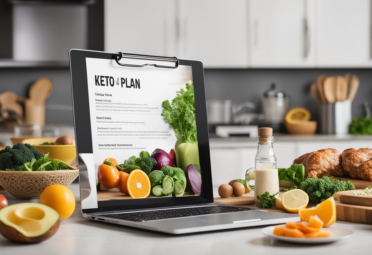 A kitchen counter with various fresh ingredients, a notepad with a 7-day meal plan, and a cookbook open to keto recipes