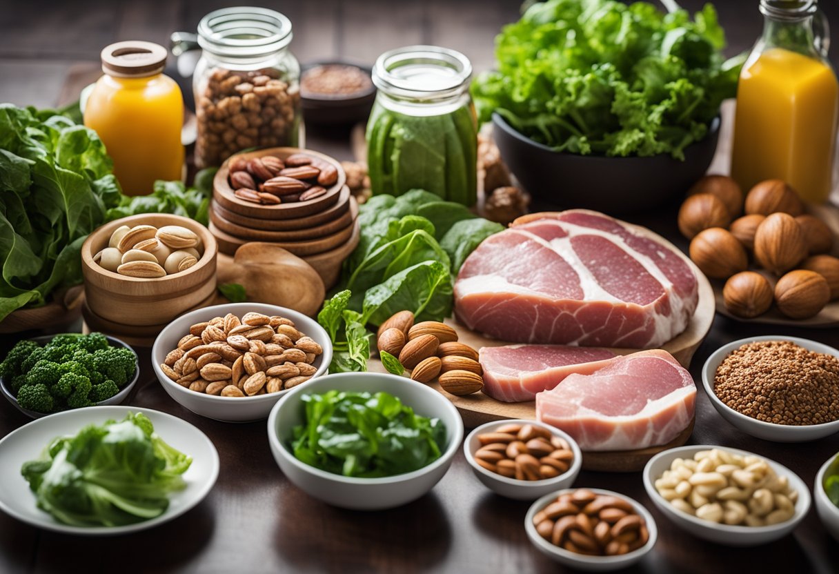 A colorful array of keto-friendly foods arranged on a table, including leafy greens, lean meats, nuts, and low-carb vegetables. A meal plan calendar and water bottle sit nearby