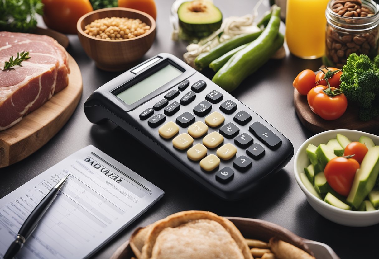 A kitchen counter with a variety of food items such as meats, vegetables, and fats, along with a calculator and notebook for keto macros calculation.