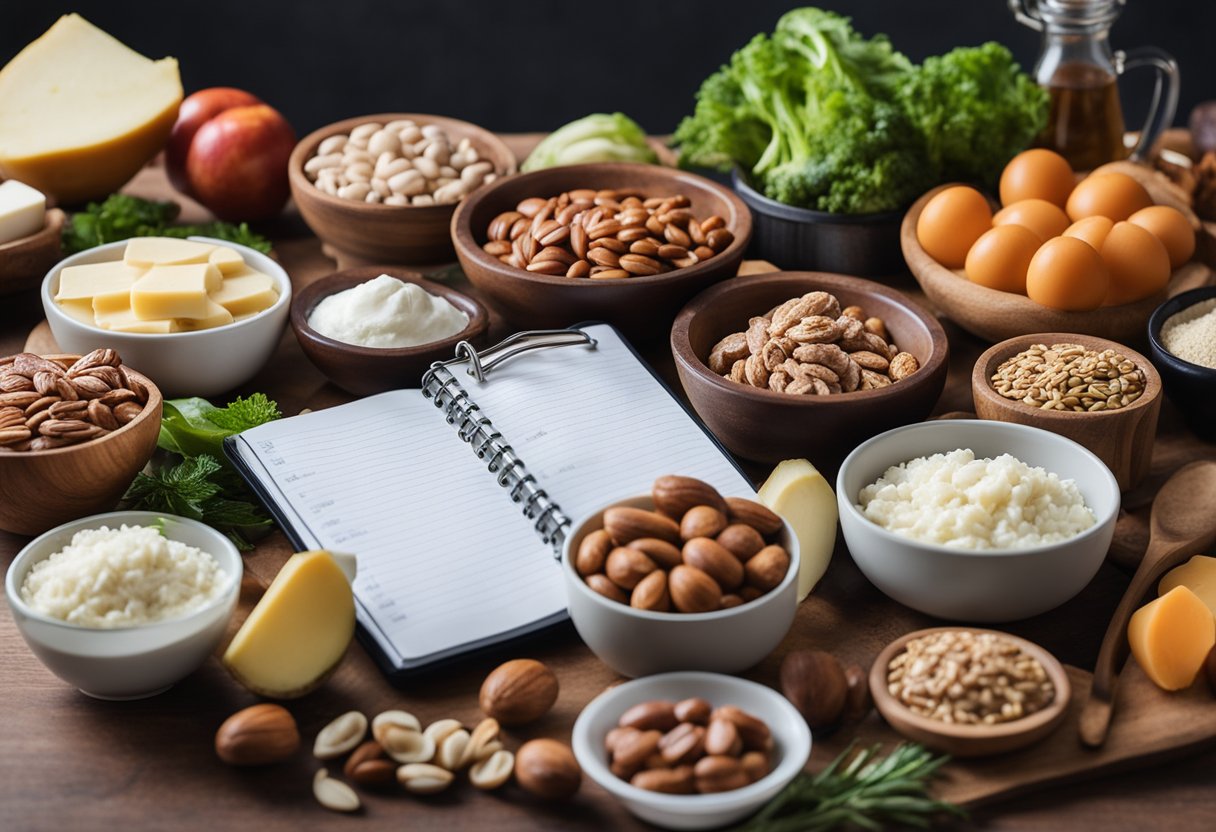A kitchen counter with a variety of keto-friendly foods and ingredients, including meats, vegetables, nuts, and dairy products. A calculator and notebook are nearby for macro calculations