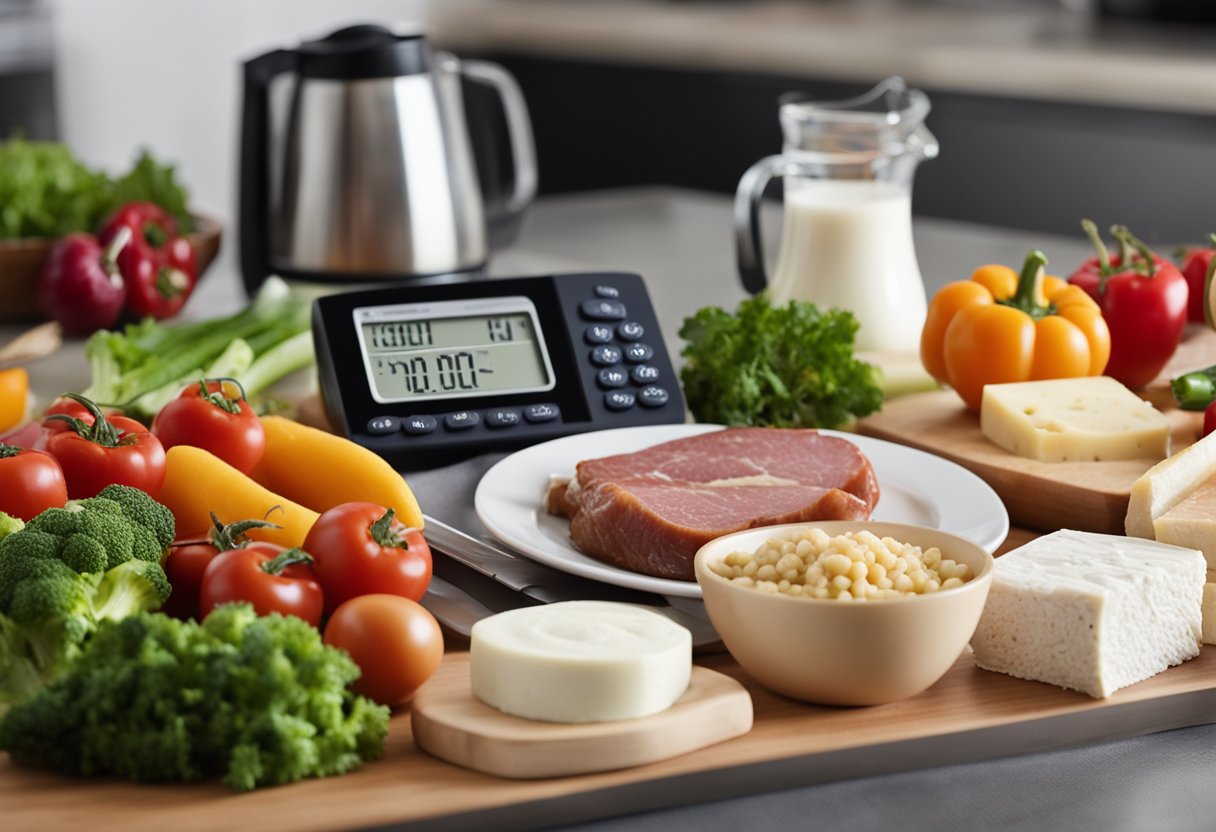 A kitchen counter with a variety of fresh vegetables, meats, and dairy products laid out for meal preparation. A calculator and notebook sit nearby for macro calculations