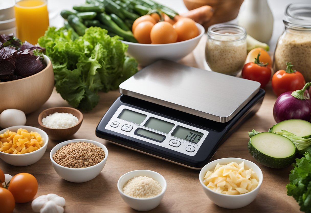 A kitchen counter with a digital food scale, measuring cups, and various ingredients like vegetables, meat, and dairy products. A calculator and notebook with calculations are also present