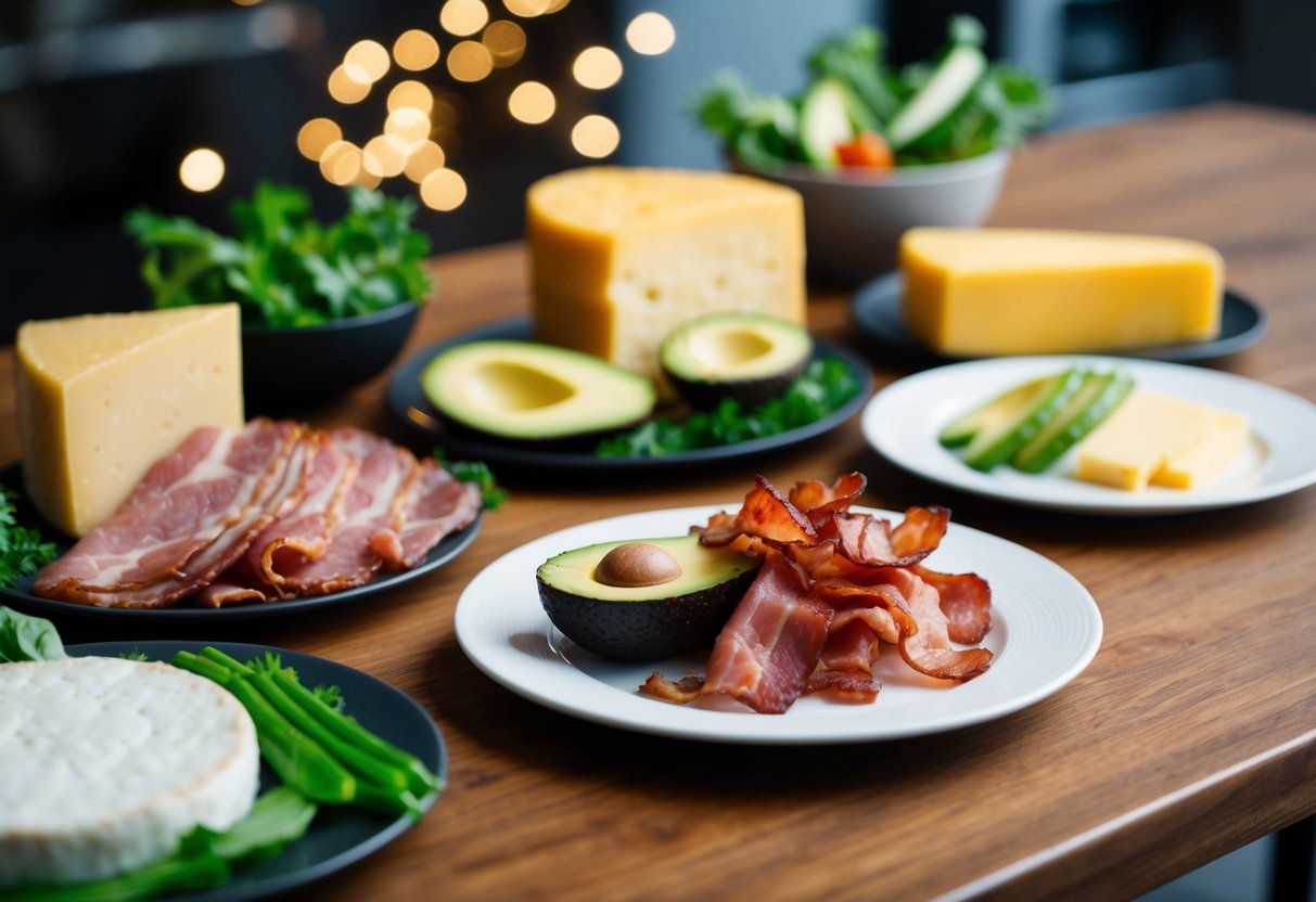 A table with assorted meats, cheeses, and low-carb vegetables arranged haphazardly. A plate with a pile of bacon and a side of avocado