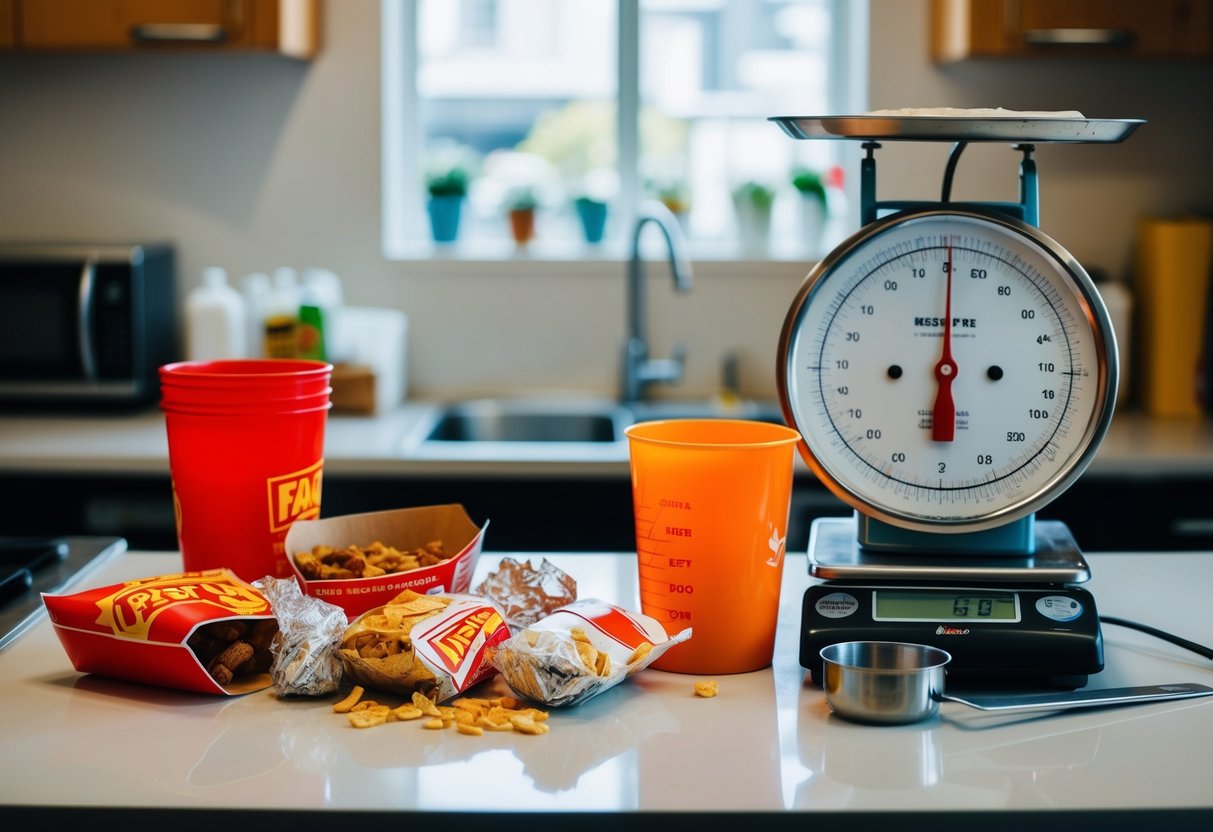 A messy kitchen counter with fast food wrappers and greasy takeout containers, alongside a scale and measuring cups