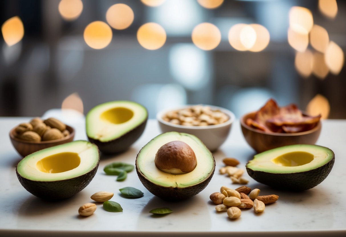 A table set with a variety of high-fat, low-carb foods like avocado, bacon, and cheese, with a side of nuts and seeds