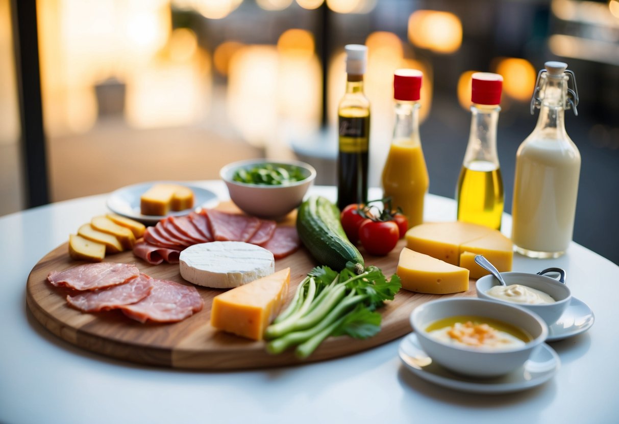 A table with some dirty keto diet meal include assorted meats, cheeses, and low-carb vegetables, alongside high-fat condiments and oils. 