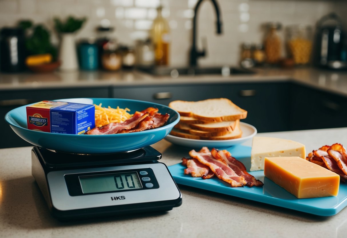 A kitchen counter cluttered with processed foods, bacon, and cheese. A scale sits nearby, displaying a decreasing number