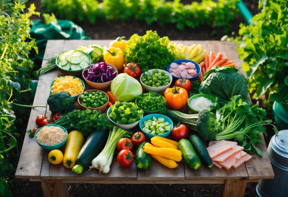 A colorful array of fresh vegetables, lean proteins, and healthy fats spread out on a wooden table, surrounded by lush greenery and sustainable farming equipment