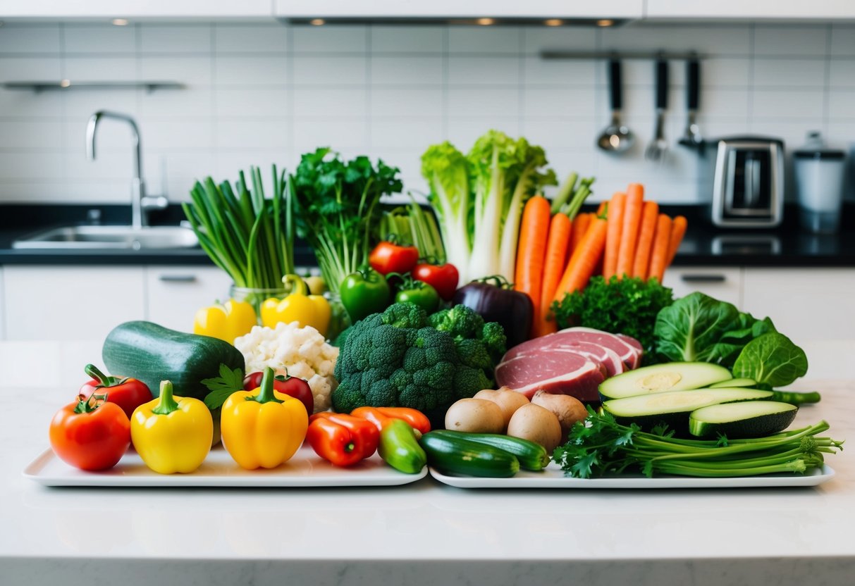 A colorful array of fresh vegetables, lean meats, and healthy fats arranged on a clean, organized kitchen counter for meal prepping