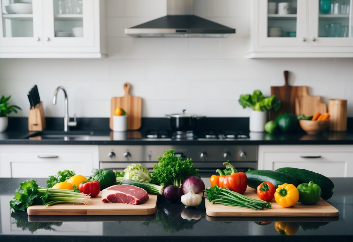 A kitchen counter with various fresh ingredients and kitchen utensils for meal prepping, including vegetables, meats, and cutting boards