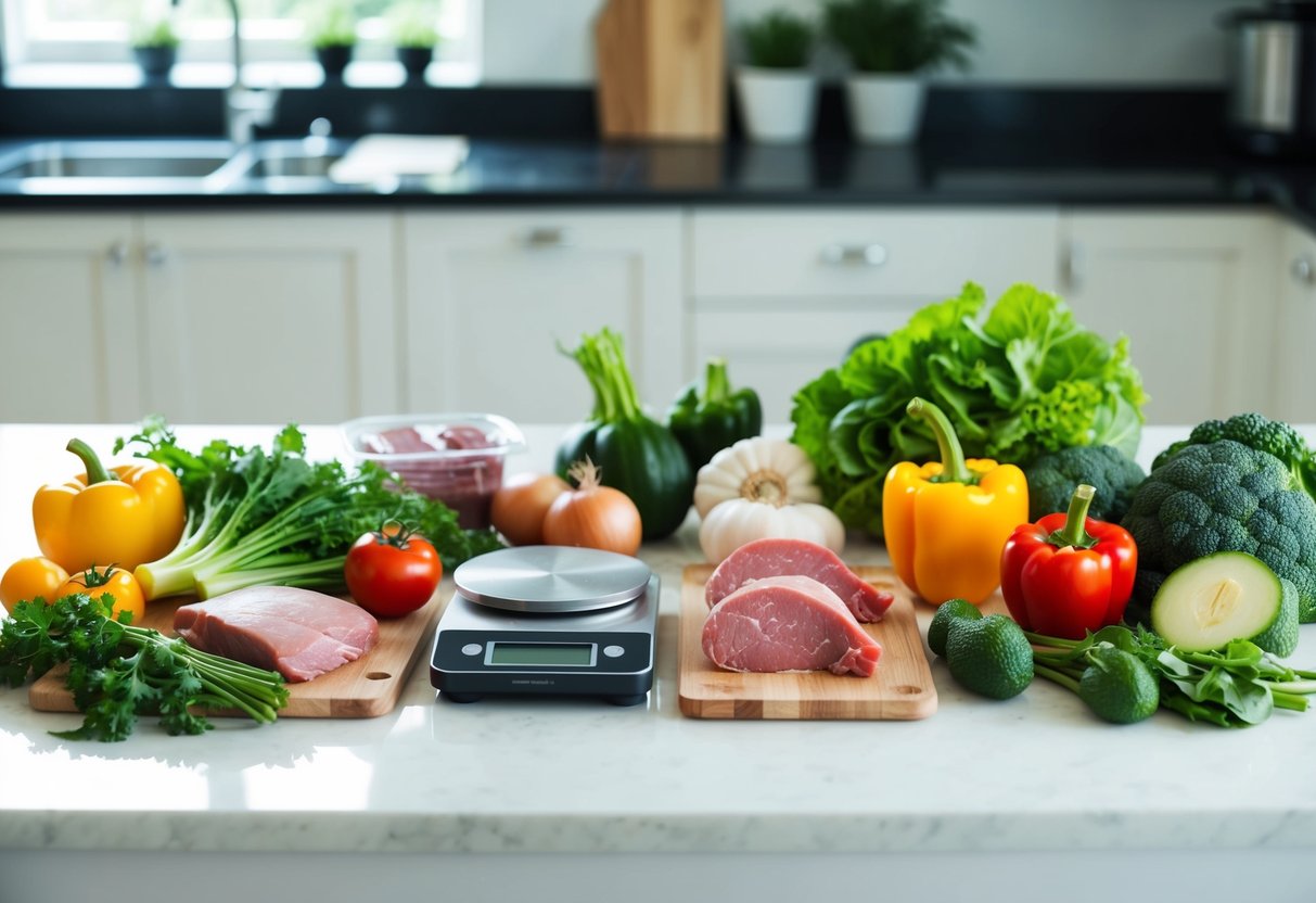 A kitchen counter with various fresh vegetables, lean meats, and healthy fats laid out for affordable keto meals prep. A scale and containers are nearby.