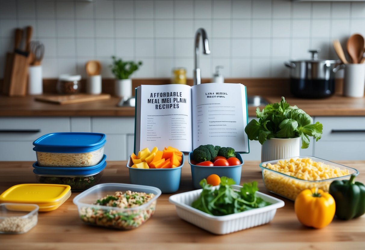 A kitchen counter with organized ingredients, meal prep containers, and a recipe book open to a page titled "Affordable Keto Meals Prep and Recipes."