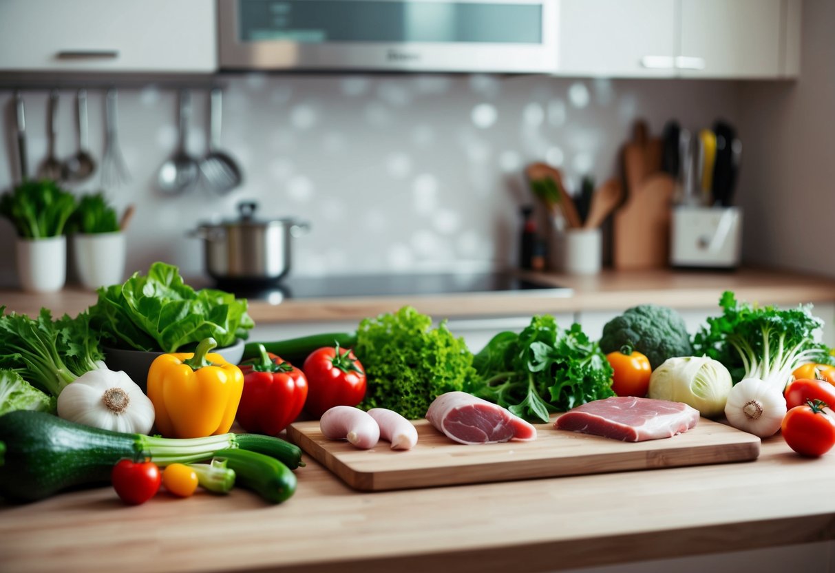 A kitchen counter with assorted fresh vegetables, lean meats, and kitchen tools laid out for meal prep