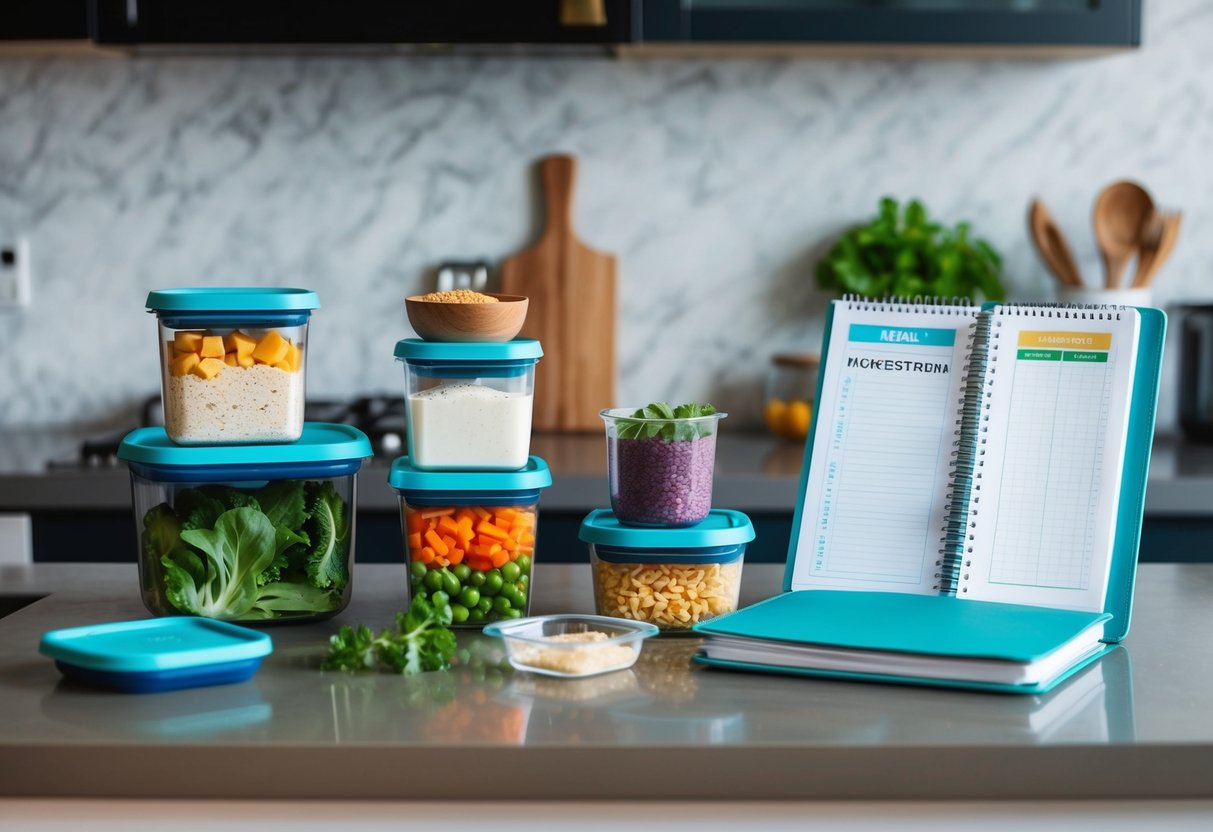 A kitchen counter with organized containers of keto meal prep ingredients and a meal planner notebook open to a progress tracking page