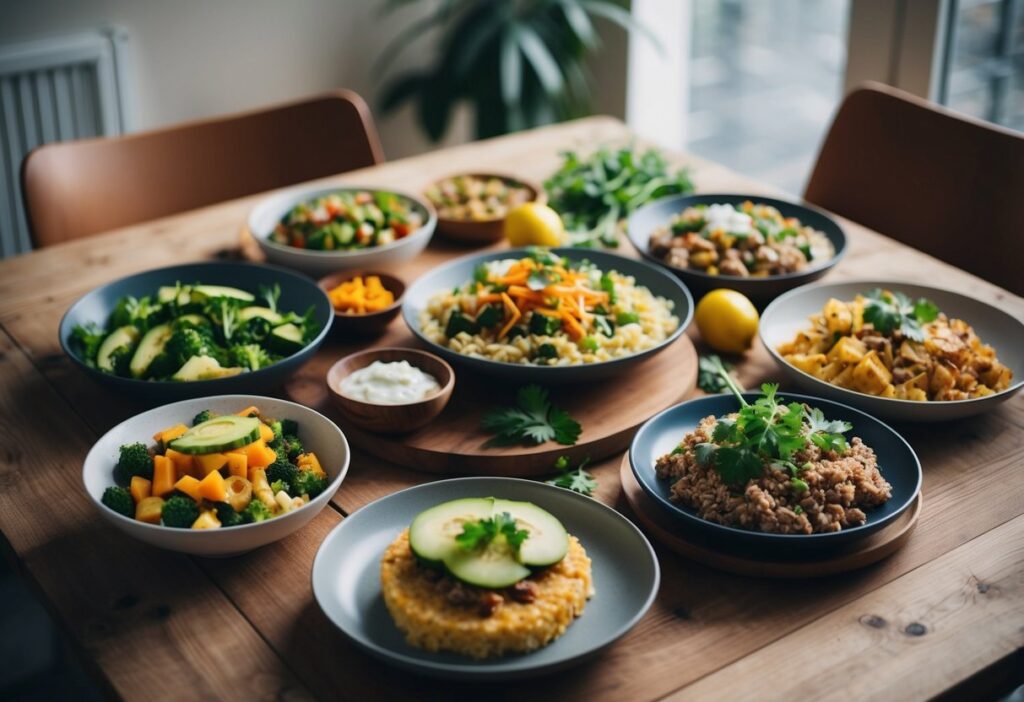 v2-oa76r-js44d A vibrant, flat-lay image showcasing a variety of lazy keto meals arranged on a wooden table. Include dishes like fluffy almond flour pancakes topped with fresh berries, a cheesy cauliflower casserole in a baking dish, bacon-wrapped chicken on a plate with greens, and a bowl of avocado and shrimp salad. Incorporate fresh ingredients like avocado, eggs, and zucchini in the background for an appetizing and healthy look. The setting should feel cozy and inviting, with soft natural lighting.