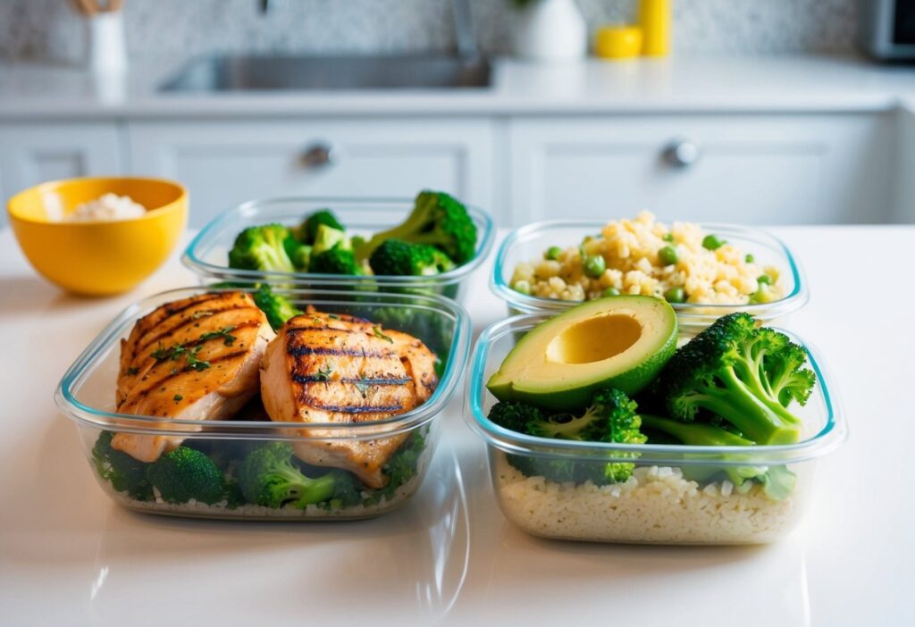 v2-oa7lj-bobpj An organized and colorful meal prep layout with multiple containers filled with lazy keto meals: grilled chicken with broccoli, cauliflower rice stir fry, and a side of avocado slices. Use a clean white kitchen counter as the backdrop.