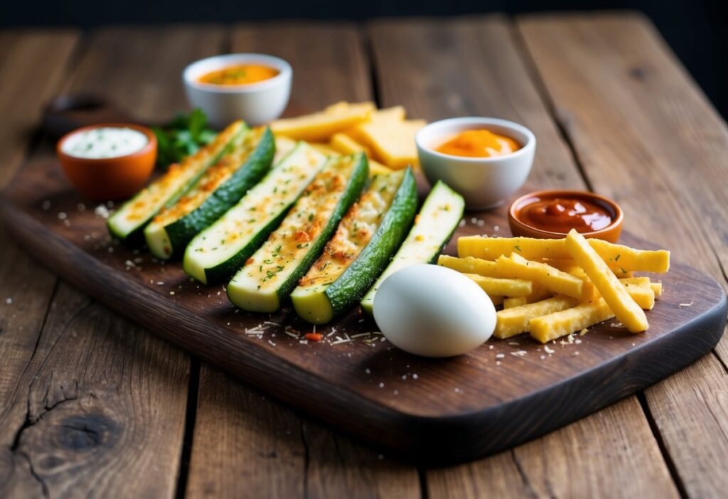 v2-oa7um-uf3g7 A crisp and clean photo of keto snacks like parmesan zucchini fries, boiled eggs, and cheese sticks served on a rustic wooden board. Include dipping sauces like ranch and guacamole for a vibrant touch.