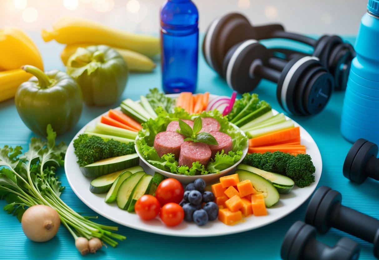 A sample of keto diet for athletes, a colorful array of fresh vegetables, lean proteins, and healthy fats arranged on a plate, surrounded by athletic equipment and a water bottle