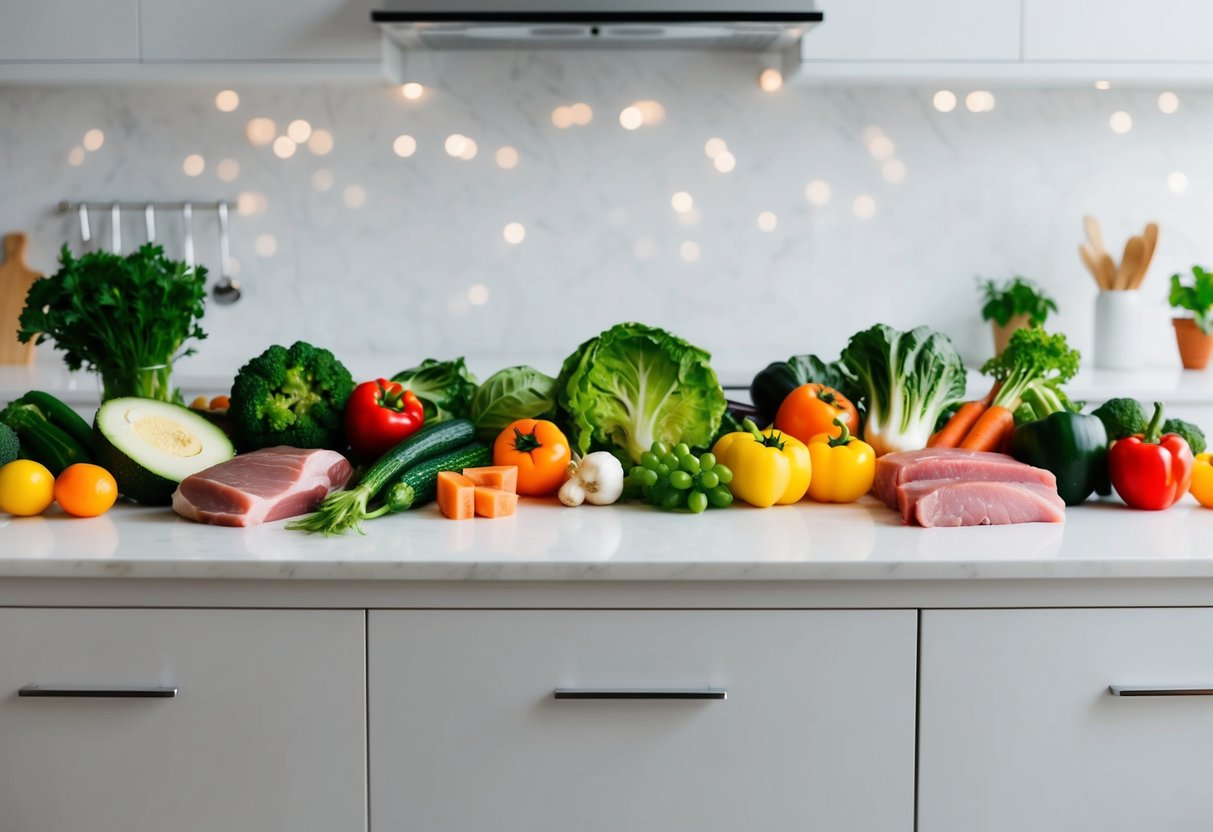 A colorful array of fresh vegetables, lean meats, and healthy fats arranged on a clean, minimalist kitchen counter