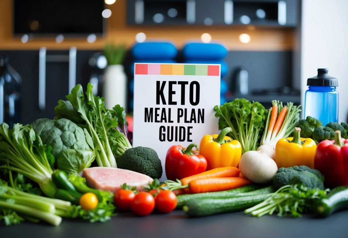 A colorful array of fresh vegetables and lean proteins arranged around a keto meal plan guide, with a water bottle and workout equipment in the background