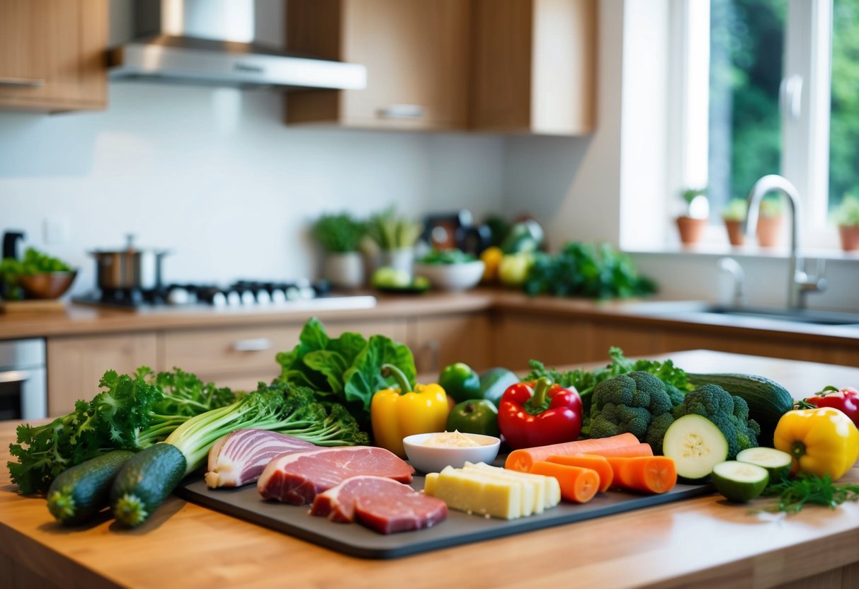 A kitchen counter with a variety of fresh vegetables, lean meats, and healthy fats laid out for meal prep