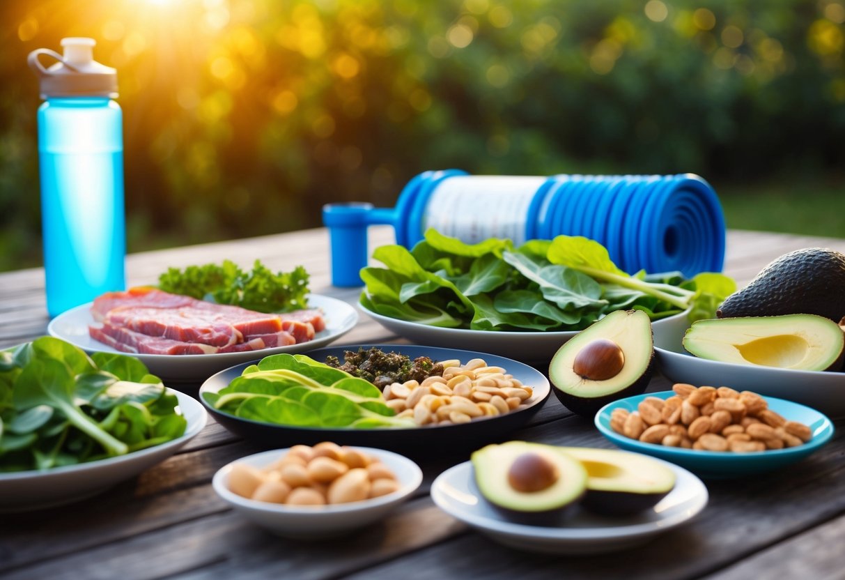 A table spread with keto-friendly foods: lean meats, leafy greens, nuts, and avocados. A water bottle and sports equipment nearby