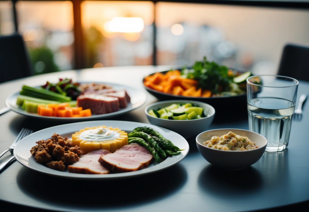 A table set with a variety of keto-friendly foods, such as lean meats, low-carb vegetables, and healthy fats, alongside a glass of water