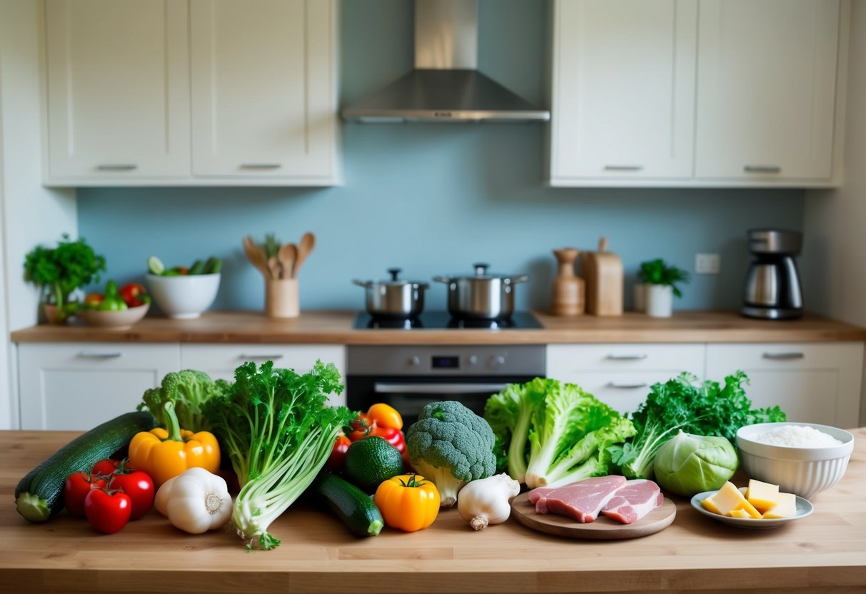 A serene kitchen with a variety of fresh vegetables, lean meats, and healthy fats displayed on a wooden countertop