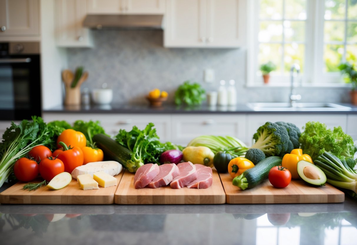 A serene kitchen counter with a variety of fresh vegetables, lean meats, and healthy fats laid out for meal preparation