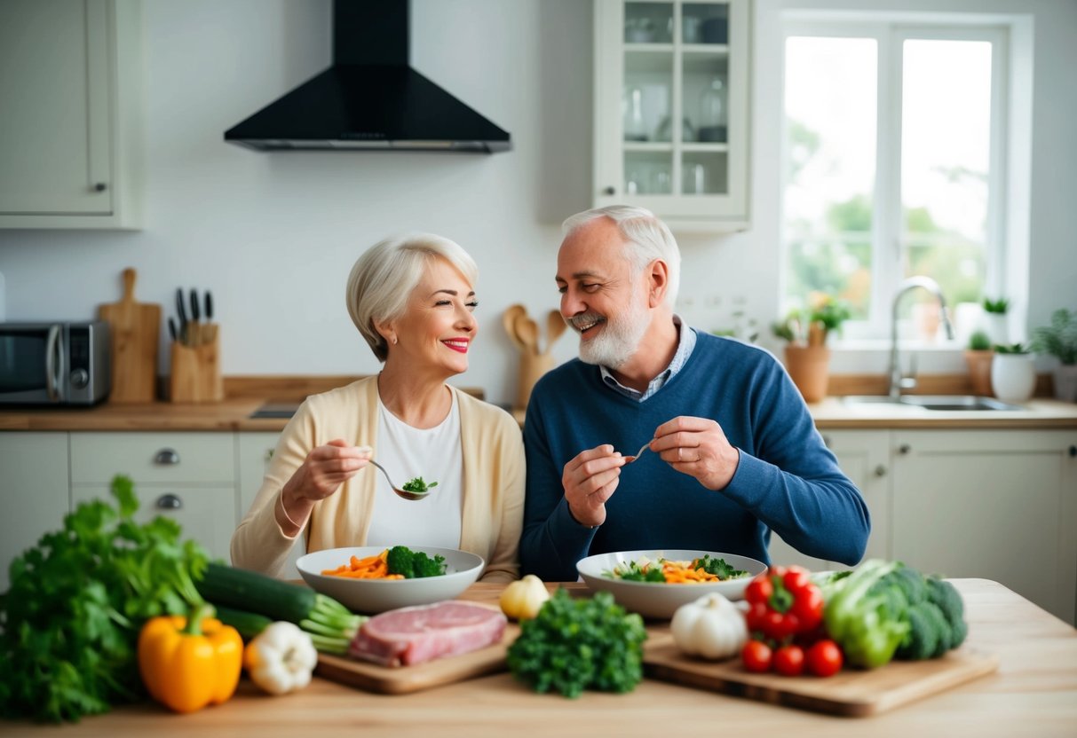 A serene kitchen with fresh vegetables and lean meats, a senior couple enjoying a Keto diet for seniors meal together