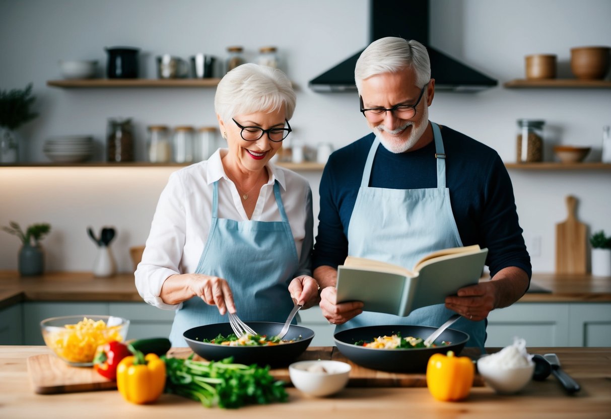 A senior couple cooking keto diet for seniors meals together using fresh ingredients and reading recipe books for guidance
