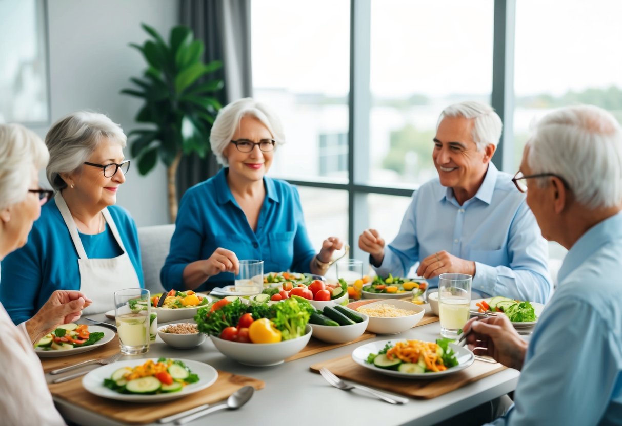 A table set with keto diet for seniors foods and recipes, surrounded by elderly individuals engaged in meal planning and discussion