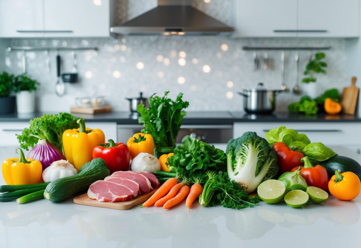 A colorful array of fresh vegetables, lean meats, and healthy fats arranged on a clean, modern kitchen counter