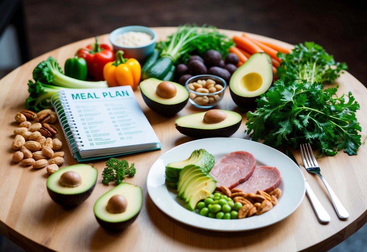 A table set with various keto-friendly foods and ingredients, including vegetables, lean meats, nuts, and avocados. A meal plan booklet sits next to a plate of balanced keto meal