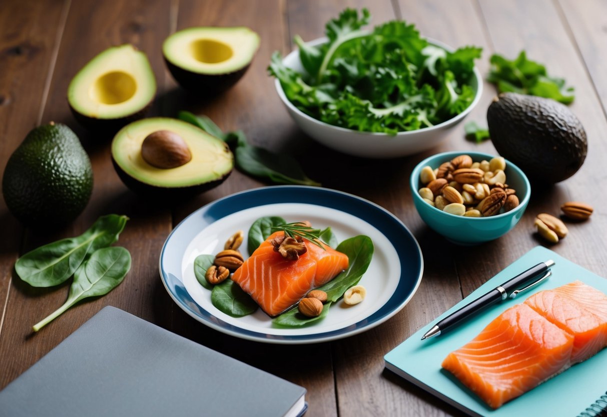 A table set with keto-friendly foods: avocados, leafy greens, salmon, and nuts. A meal plan notebook and pen sit beside the plate