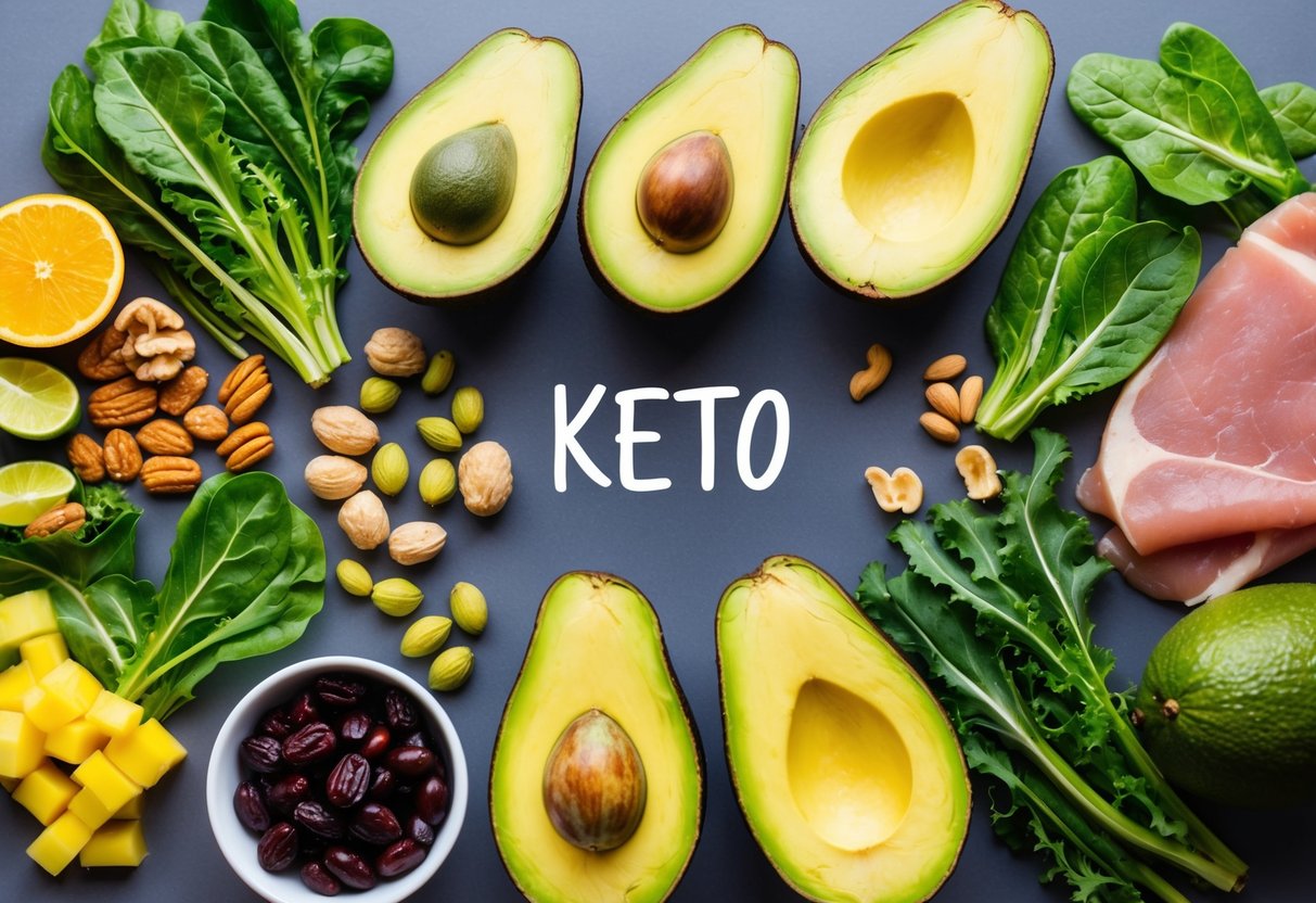 A colorful array of keto-friendly foods arranged on a table, including avocados, leafy greens, nuts, and lean meats