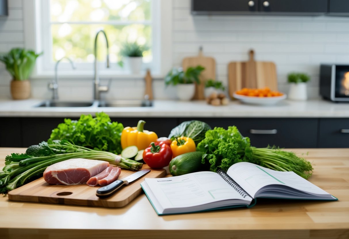 A kitchen counter with fresh vegetables, lean meats, and healthy fats. A meal plan and recipe book are open nearby