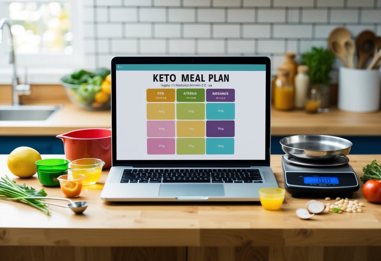 A kitchen counter with a laptop displaying a free keto meal plan for beginners, surrounded by measuring cups, food scales, and various fresh ingredients