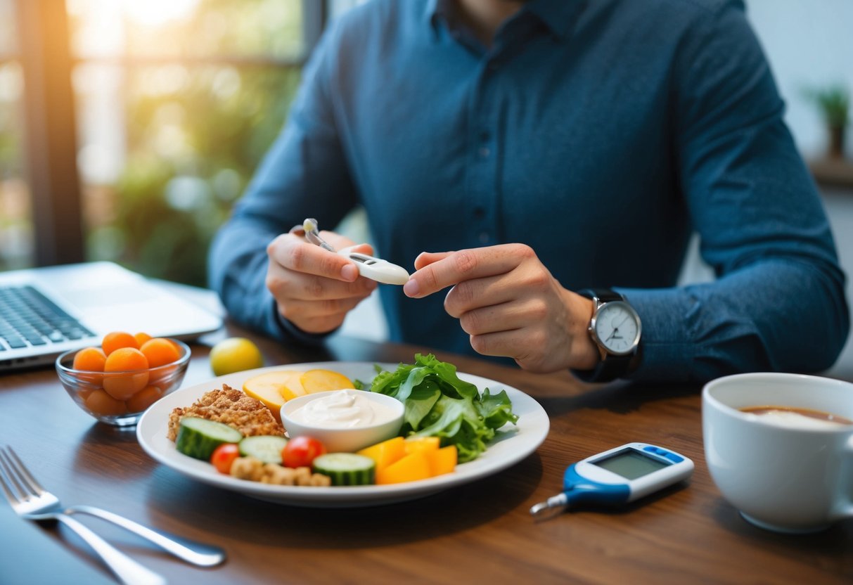 A person researching Keto Diet with a diabetic-friendly food spread and a glucometer on the table