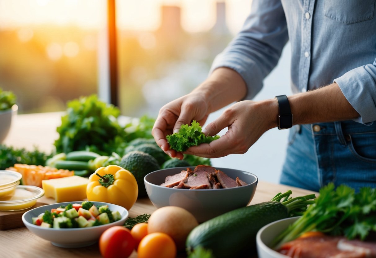 A person carefully selecting keto-friendly foods from a variety of options, including vegetables, meats, and healthy fats